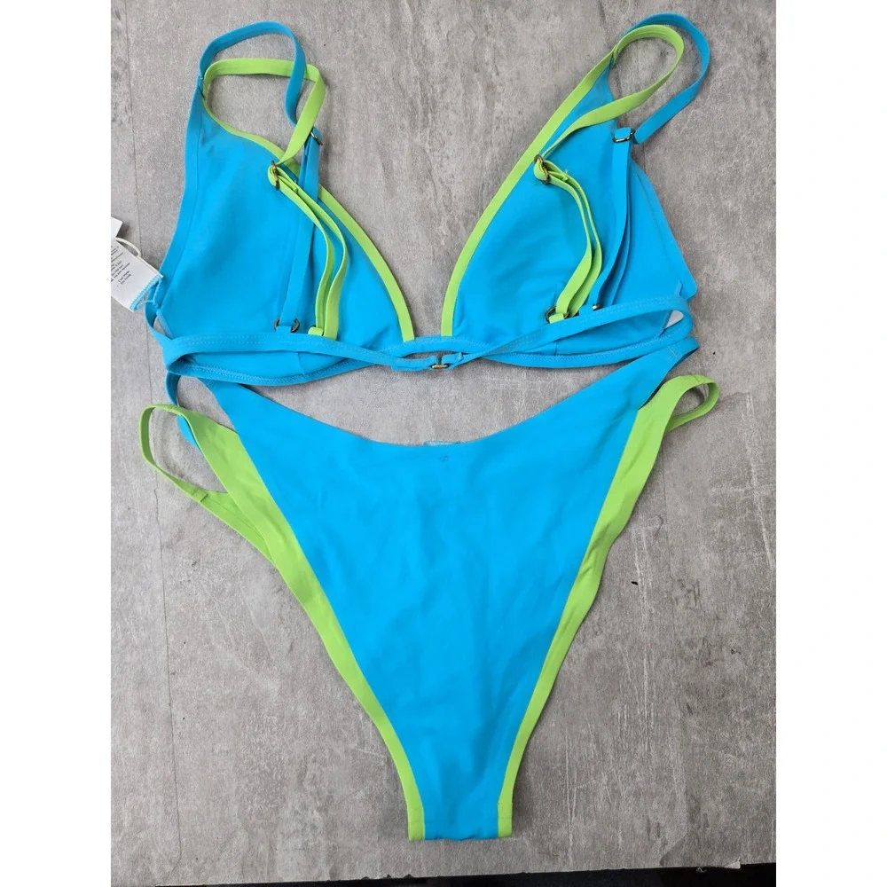 NEW LSpace Finneas Bikini Set M Blue Green Colorblock Beach Pool Cheeky Swimwear